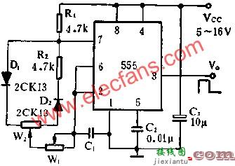 时基集成电路组成占空比连续可调的脉冲发生器电路图  第2张