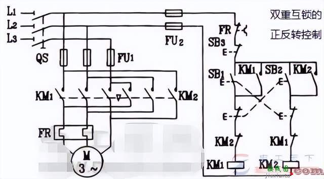 三相电动机按钮与接触器双重互锁的正反转控制电路  第1张
