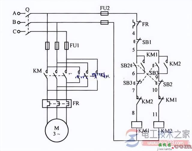 三相电动机按钮与接触器双重互锁的正反转控制电路  第3张