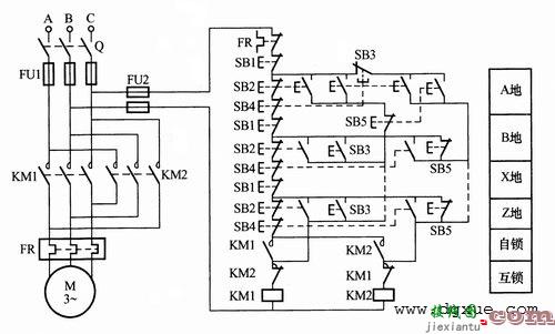 电动机多地正反转启动、停止、点动控制电路接线图  第1张