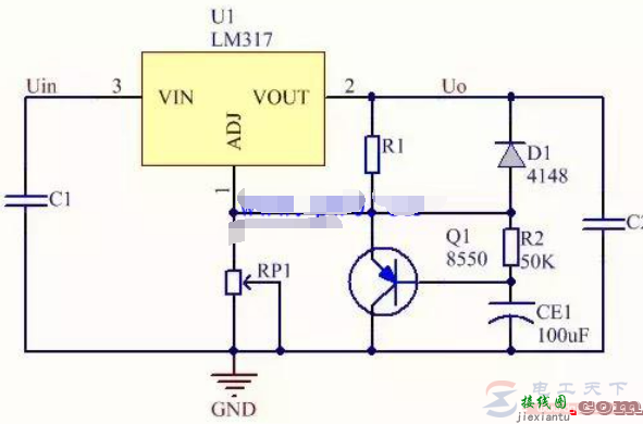 可调稳压器LM317的软启动电路原理  第1张