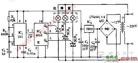 一例简单的自动循环七色彩灯控制电路图  第1张