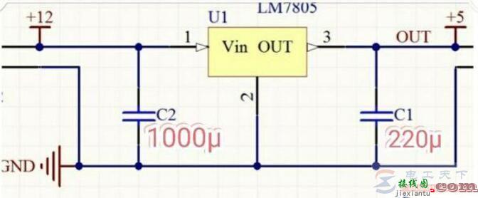 一例7805稳压电源将12V转5V的电路图  第1张