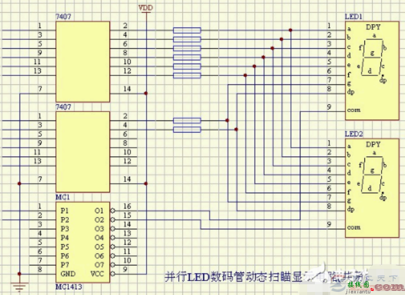 一例并行LED数码管动态扫描显示电路图(共阴)  第1张