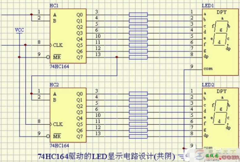 一例74HC164驱动的LED显示电路图(共阴)  第1张