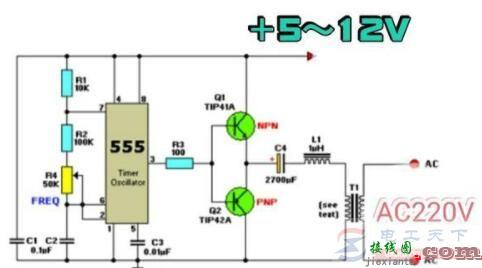 一款555时基电路制作的逆变器电路图  第1张