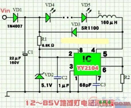 一例dc12～85v通用led地摊灯的电路原理图  第1张