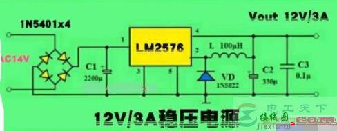 一例用LM2576制作的12V直流稳压电源电路图  第1张