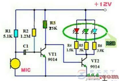 一例用三极管制作的音乐变色彩灯电路  第1张