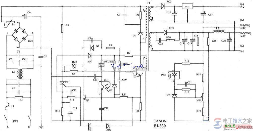 佳能BJ-330打印机电源板电路原理图及电路结构  第1张