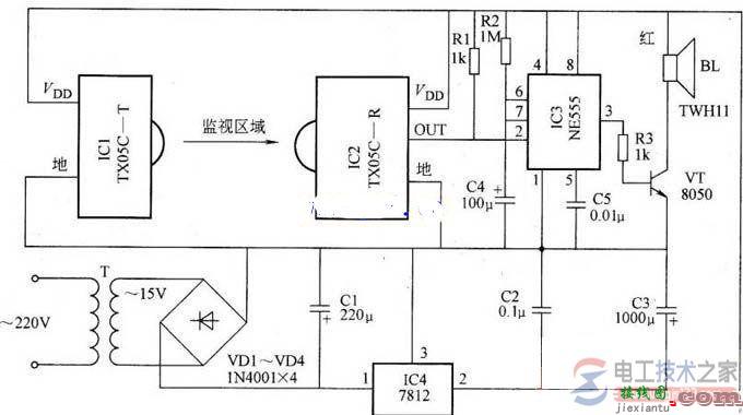 红外线报警器电路原理图与元器件选择  第1张