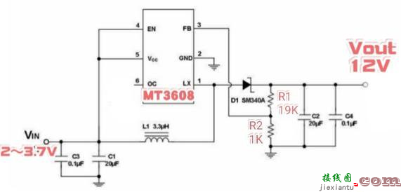 一例MT3608构成3.7v转12v的升压电路图  第1张