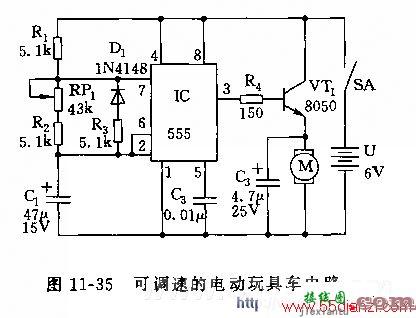 用NE555组成的可调速的电动玩具车电路图  第3张