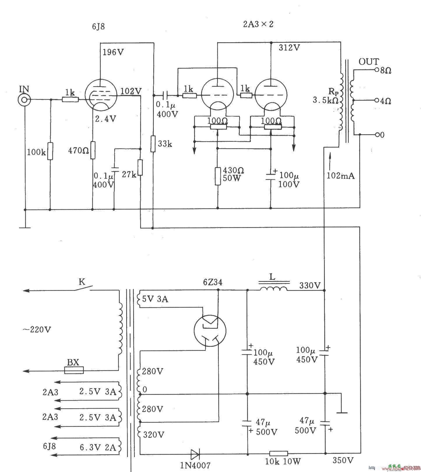 电子管单端A类2A3并联功放电路图  第1张
