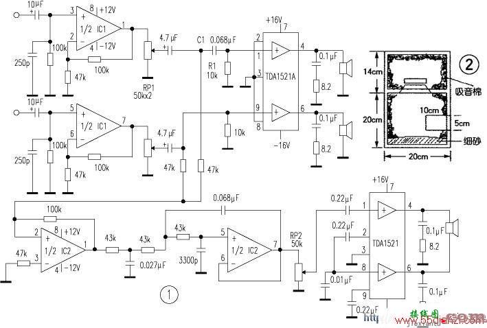用TDA1521组成的低音炮电路图以及音箱图纸  第1张