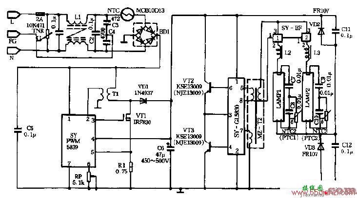 三叶牌YZ400E.N.L高功率因数电子镇流器电路图  第1张