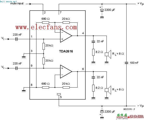 TDA2616功放电路图-应用电路-单电源功放电路  第1张