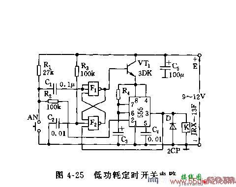 用NE555组成的低功耗定时开关电路图  第2张