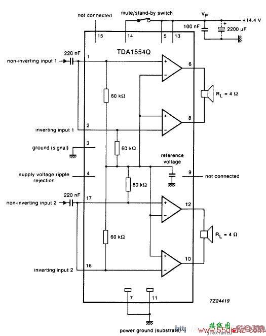 用TDA1554Q构成的两声道(2x22W)功放电路图  第1张