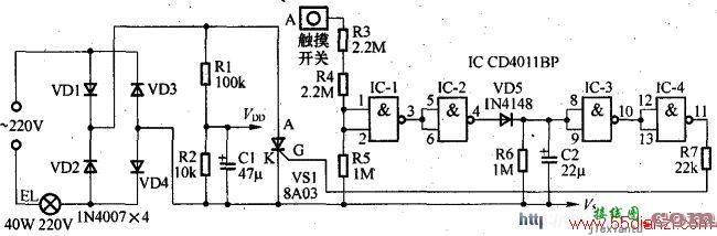 CD4011与CD4001组成的触摸延时开关电路图设计与分析  第1张