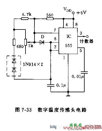 用NE555组成的数字温度传感头电路图  第2张