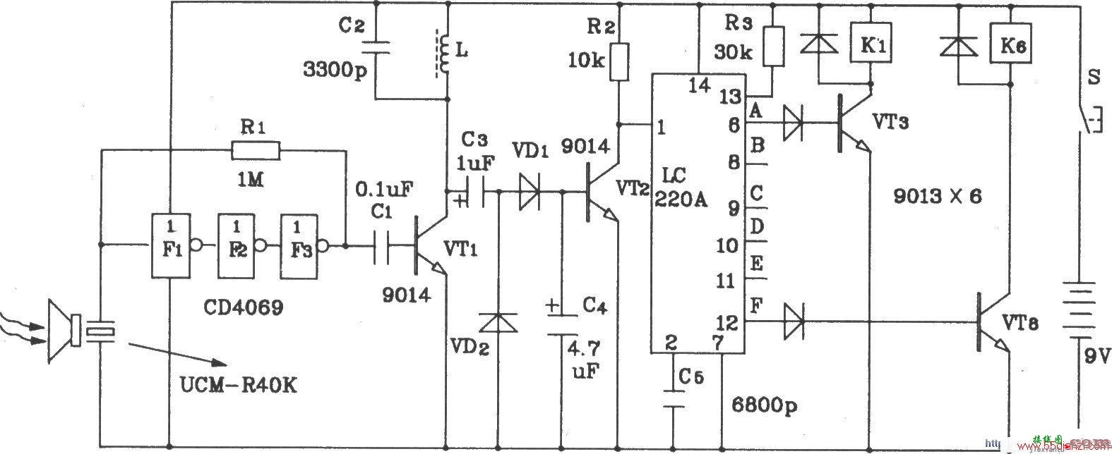 LC219/220A构成超声波6路遥控接收应用电路图  第2张