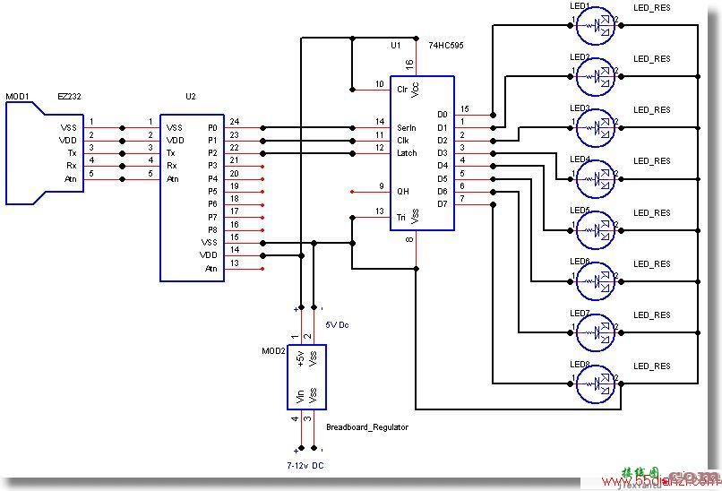 74HC595驱动8个LED电路图  第1张