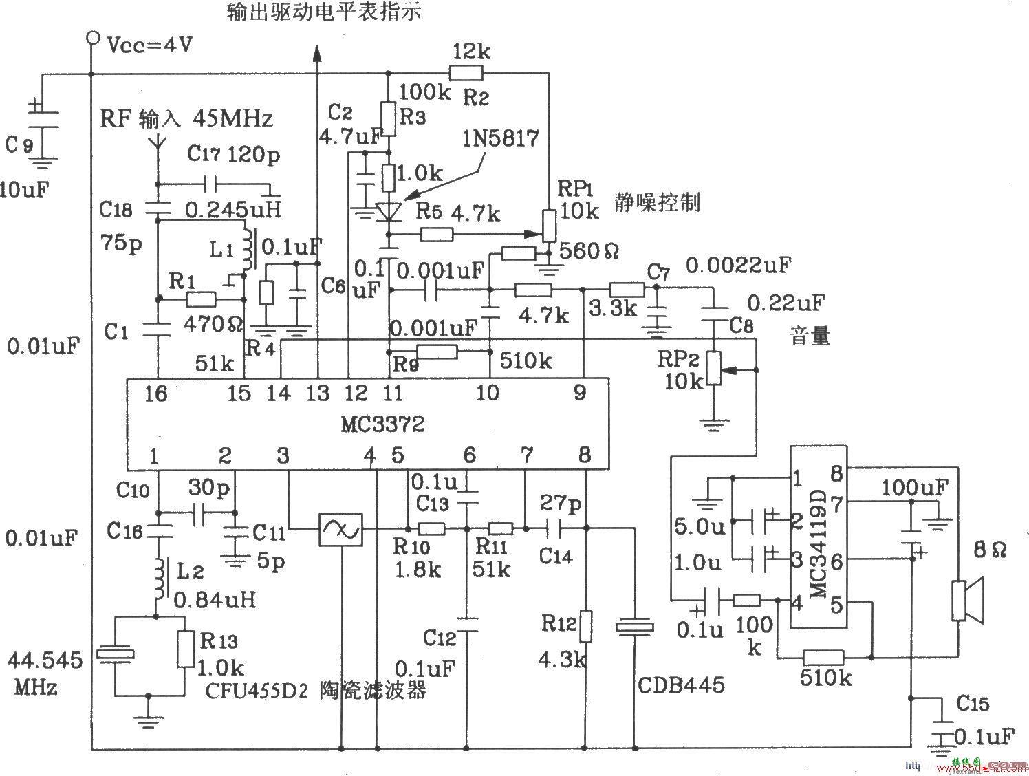 由MC3372和MC341196D构成的45MHz窄带无线电接收电路图  第3张