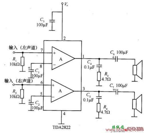 采用TDA2822构成的双声道小功率放大电路图  第1张