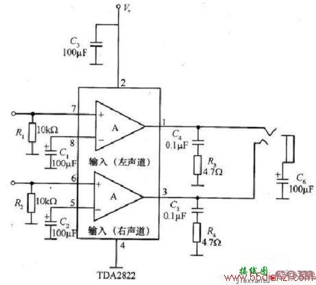 采用TDA2822构成的双声道小功率放大电路图  第2张
