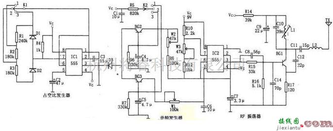 自动控制中的NE555和LM909制作的多功能遥控电路图  第1张