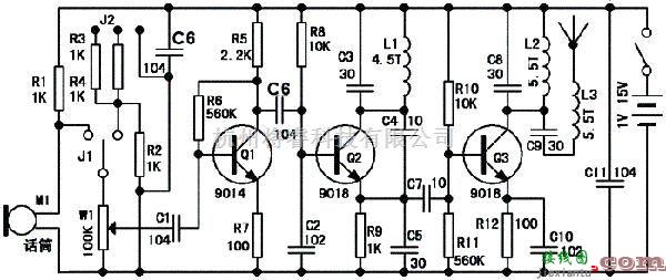 语音电路中的9018三极管组成的无线话筒电路图  第1张