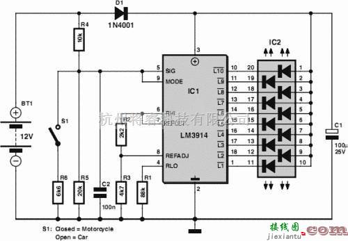 仪器仪表中的汽车/摩托车电池测试仪电路图  第1张