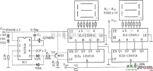 数字电路中的两位数显秒计时器电路图  第1张