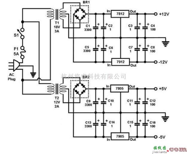 稳压电源中的三端稳压器的多路输出直流稳压电源电路图  第1张