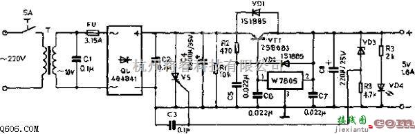 电源电路中的扩流过压保护5V稳压电源电路图  第1张