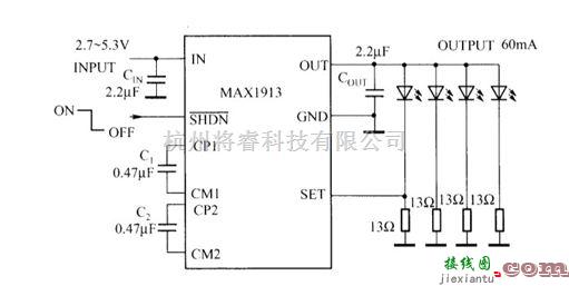 LED电路中的MAX1913驱动白光LED原理电路图  第1张