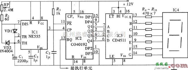 数字电路中的一位数显式定时器电路图  第1张