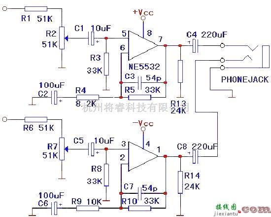 集成音频放大中的基于NE5532的耳机放大器电路图  第1张