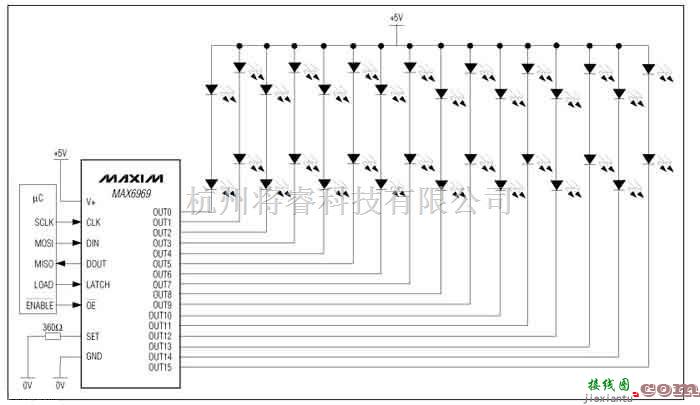 LED电路中的MAX6969芯片16端口5.5V恒流LED驱动电路图  第1张