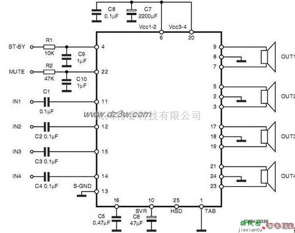 电子镇流器中的基于TDA7388 IC四声道系列功放电路图  第1张