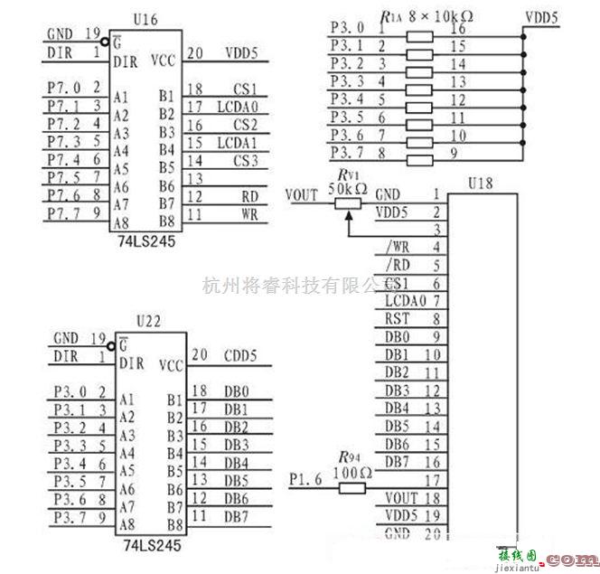 接口电路中的一种LCD和控制器接口电路图  第1张