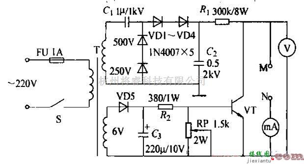 仪器仪表中的一款简易的元件耐压测量仪电路图  第1张