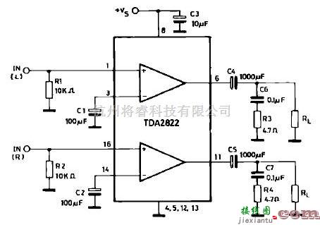 音频电路中的TDA2822双声道功放电路图  第1张