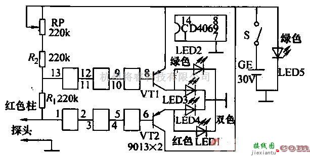 仪器仪表中的多个元件构成的导电测试仪电路图  第1张