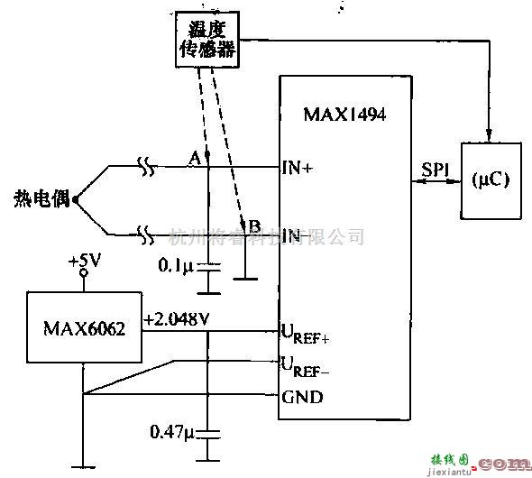 仪器仪表中的由MAX1494和热电偶构成的测温仪电路图  第1张