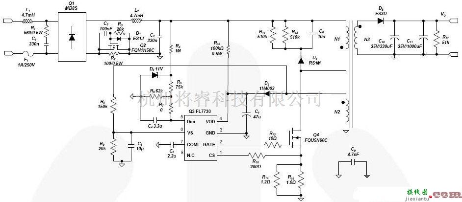 LED电路中的一款TRIAC调光LED驱动器电路图  第1张