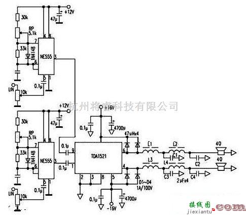 分立元件放大中的一款分立元件功放电路图  第1张