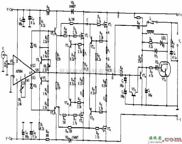 音频电路中的100W直流超甲类功放电路图  第1张