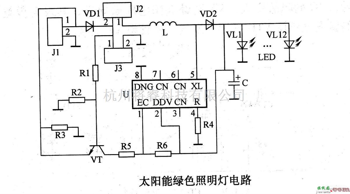 电源电路中的太阳能绿色照明灯电路图  第1张